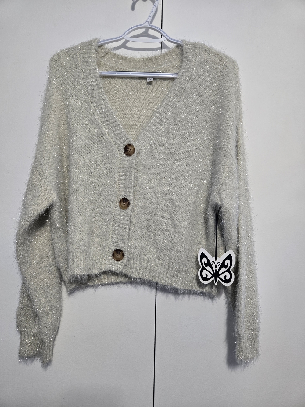 Self Esteem XL NWT Fuzzy Metallic Knit Cropped Cardigan Ivory Button‎ Front